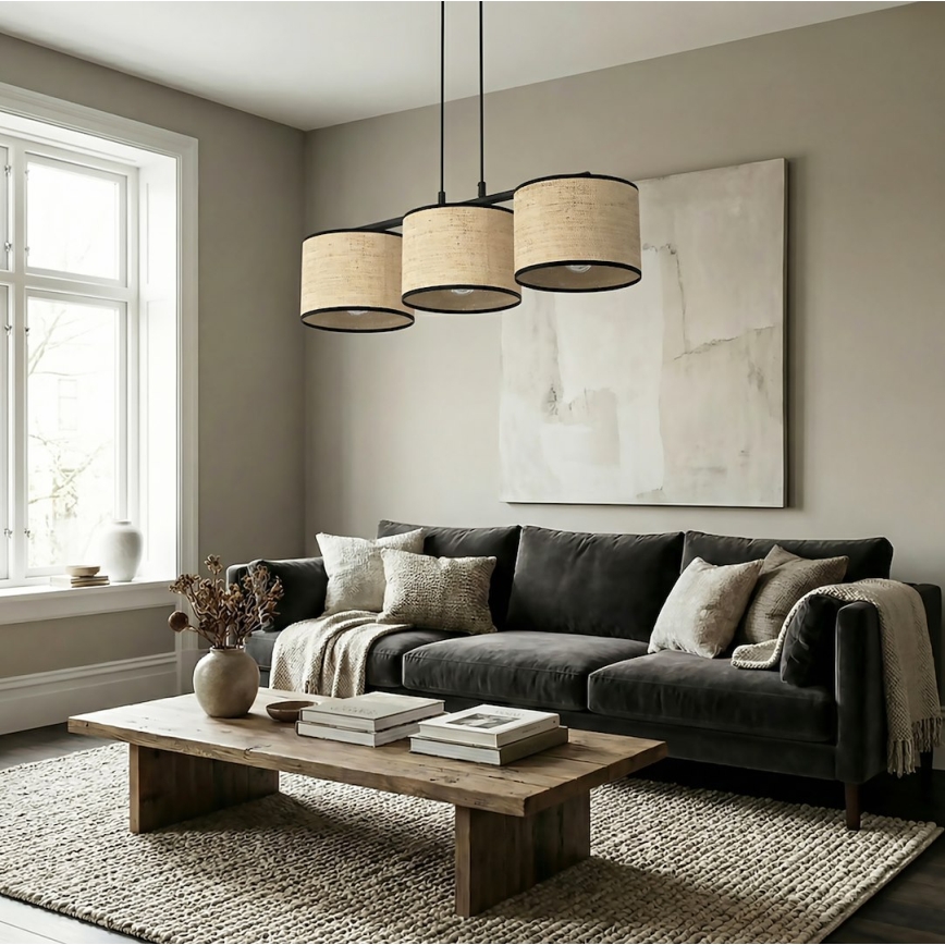 Piekaramā lustra ar trosi ECO 3xE27/15W/230V bēšs/rotangs