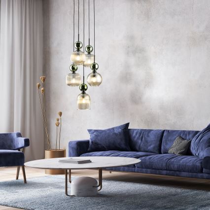 Piekaramā lustra uz troses SOPHIA 5xE14/10W/230V melna/zaļa/dūmakaina bēša