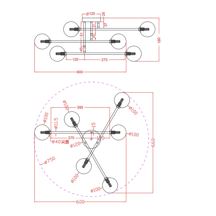 Piestiprināma griestu lampa DORADO 6xG9/28W/230V melna