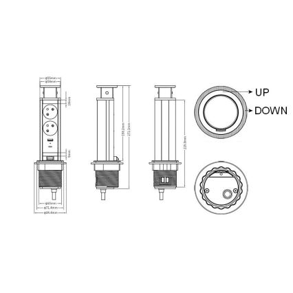 Pievienojams galda virsmas kontaktligzdu stabs, 2x 230 V + USB-A + USB-C