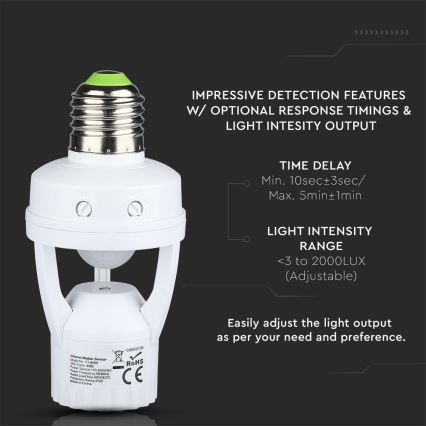PIR sensors E27 spuldzei balta