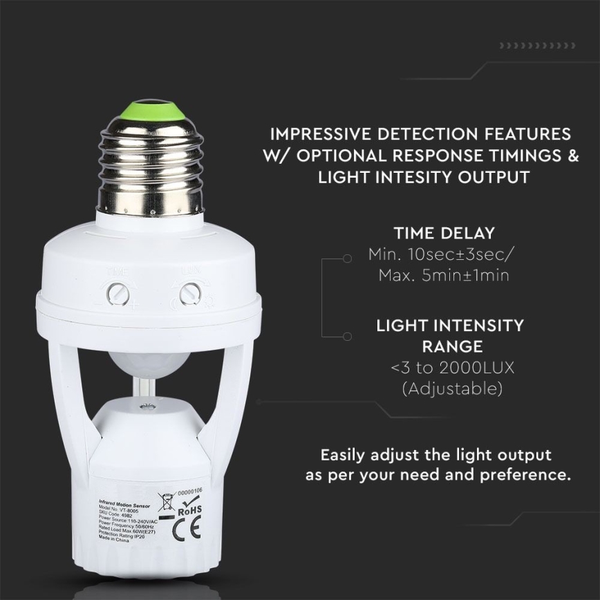 PIR sensors E27 spuldzei balta