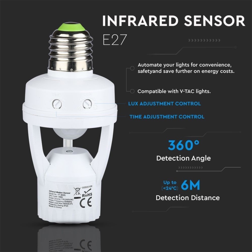 PIR sensors E27 spuldzei balta