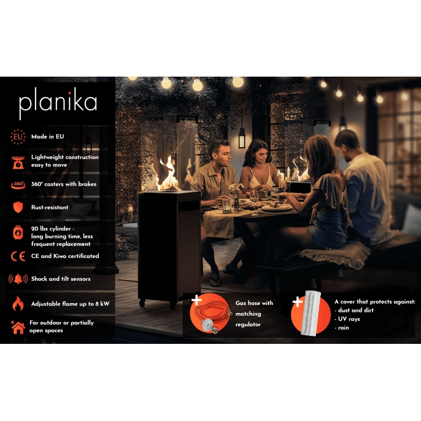 Planika - Āra gāzes kamīns 142x36 cm 8kW pelēka + aizsargapvalks