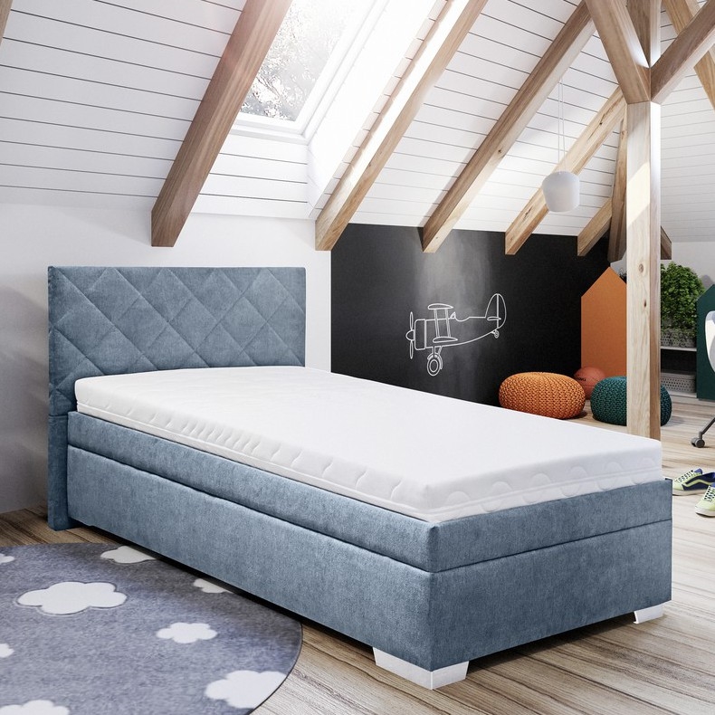 Polsterēta gulta ar uzglabāšanas nodalījumu un matraci LANA 90x200 cm zila