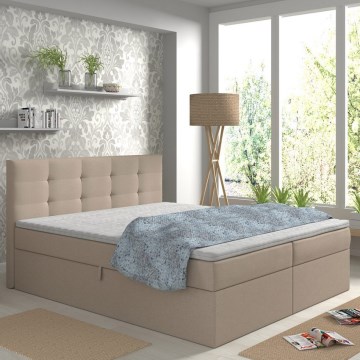 Polsterēta gulta EMBER 180x200 cm, bēša — komplektā matrači, topperis un ietilpīgs uzglabāšanas nodalījums