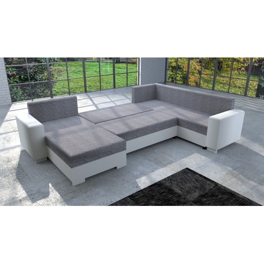 Polsterēts universāls izvelkams U-veida dīvāns YORK, balts/pelēks