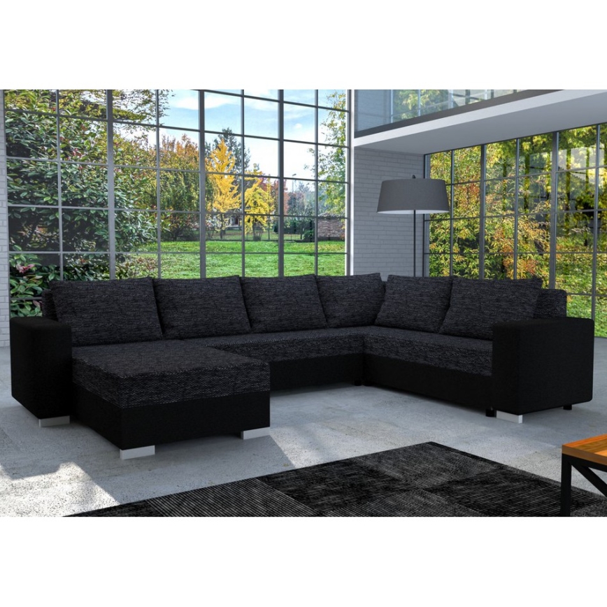 Polsterēts universāls U formas izvelkams dīvāns YORK melns/antracīts