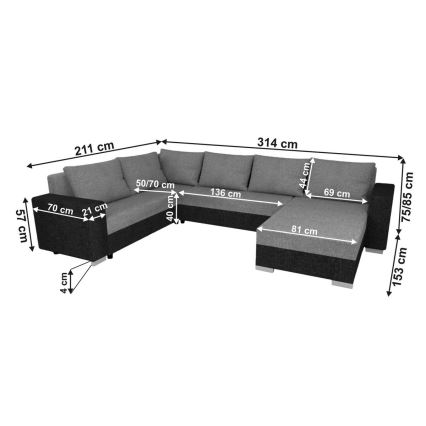 Polsterēts universāls U formas izvelkams dīvāns YORK melns/antracīts