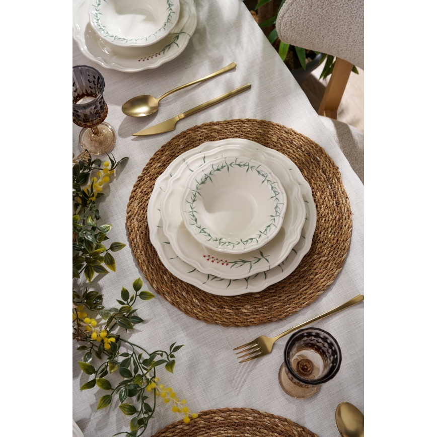 Porcelāna galda servīze, 24 daļas — balta/zaļa