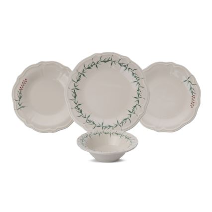 Porcelāna galda servīze, 24 daļas — balta/zaļa
