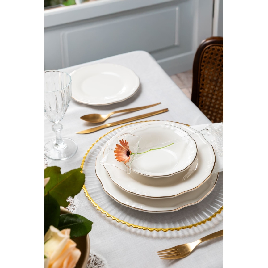 Porcelāna galda servīze, 24 gab., balta ar zelta apdari