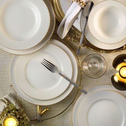 Porcelāna servīze 18 daļas — balta/zelta