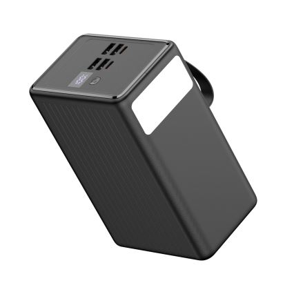 Power Bank 80 000 mAh, 65 W Power Delivery, 4x USB-A + 2x USB-C, ar LED lukturi un 1 m USB-C kabeli, melna