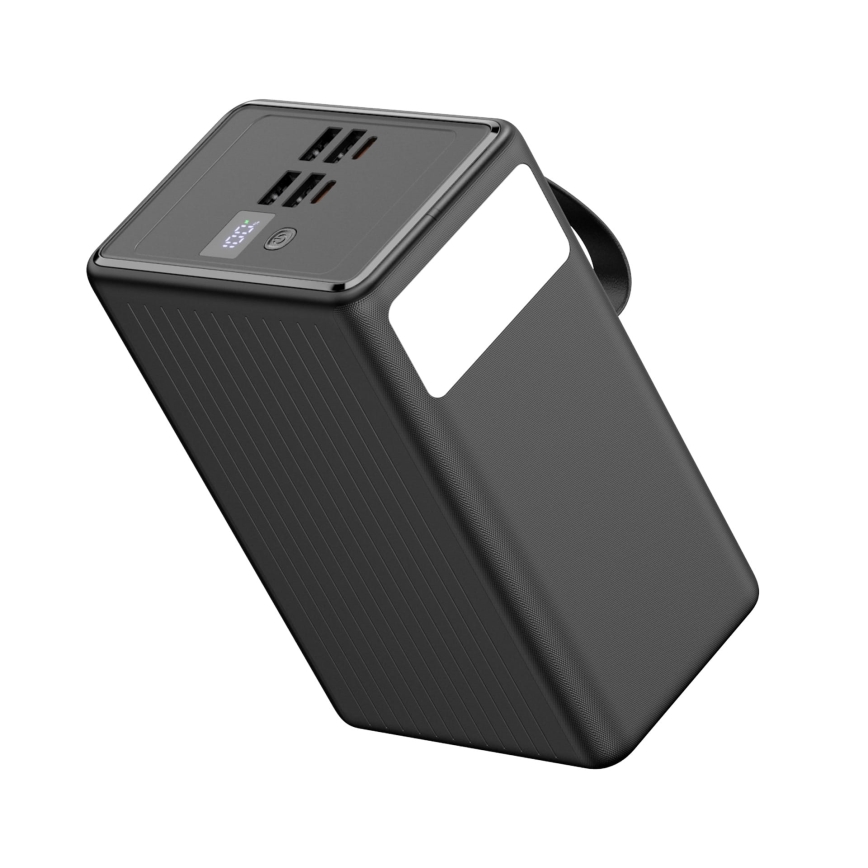 Power Bank 80 000 mAh, 65 W Power Delivery, 4x USB-A + 2x USB-C, ar LED lukturi un 1 m USB-C kabeli, melna