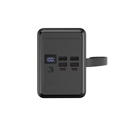 Powerbanka 8000 mAh Power Delivery 4xUSB-A + 2xUSB-C ar LED lukturi un USB-C kabeli 1m, melna