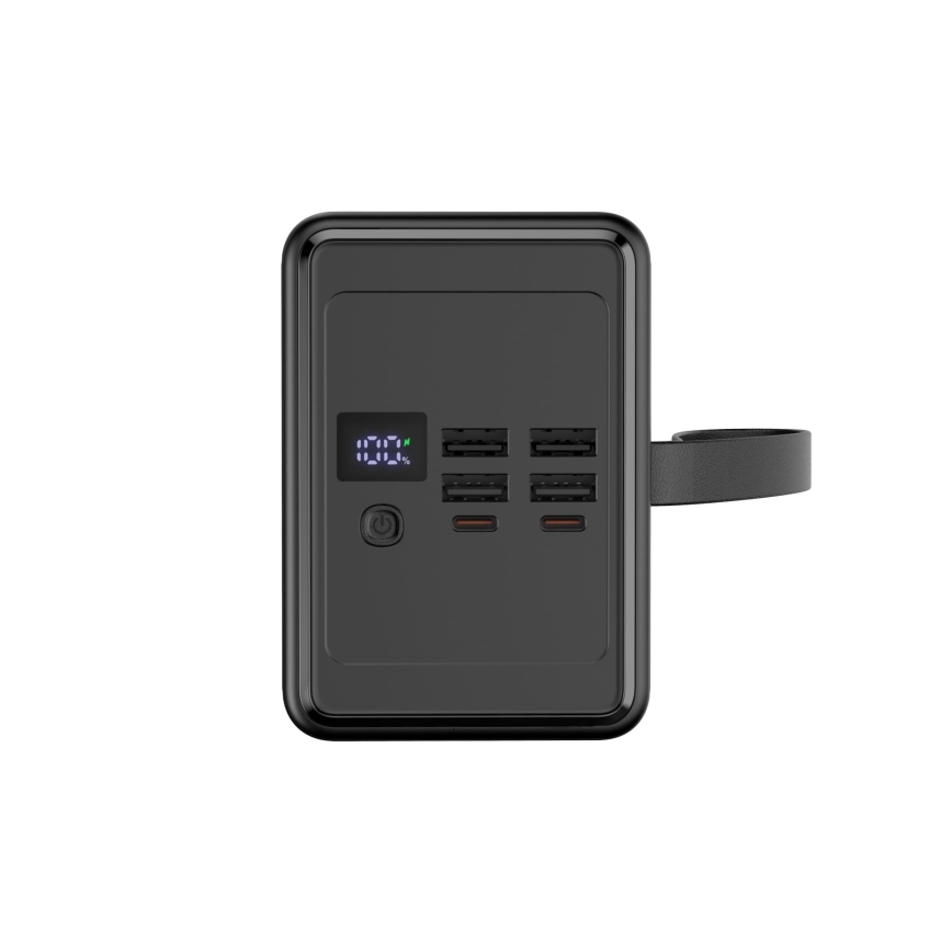 Powerbanka 8000 mAh Power Delivery 4xUSB-A + 2xUSB-C ar LED lukturi un USB-C kabeli 1m, melna