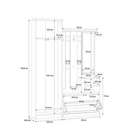 Priekšnama sienas komplekts KAVI ar spoguli, Artisan ozols
