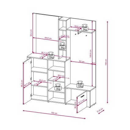 Priekšnama sienas sekcija ar spoguli KEVIN brūna/balta