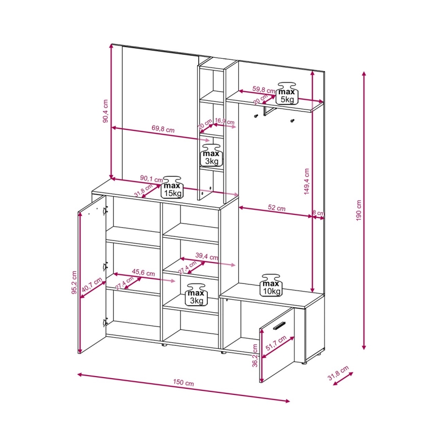 Priekšnama sienas sekcija ar spoguli KEVIN brūna/balta