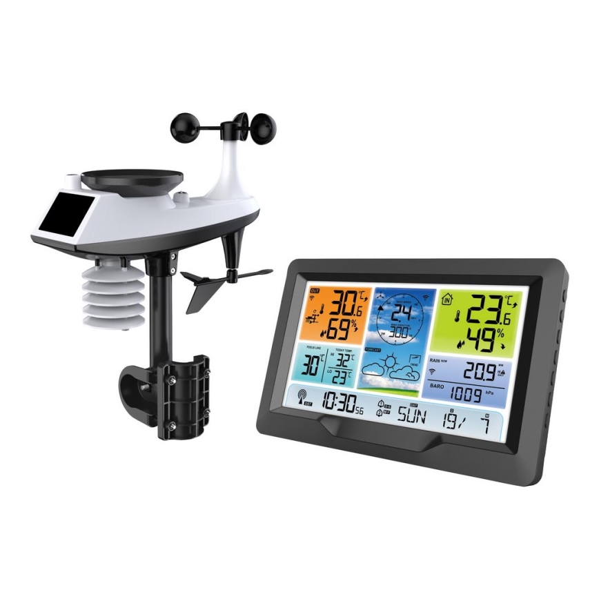Profesionāla meteoroloģiskā stacija ar krāsainu LCD ekrānu un modinātāja pulkstenis 5V/2xAA + 3xAA
