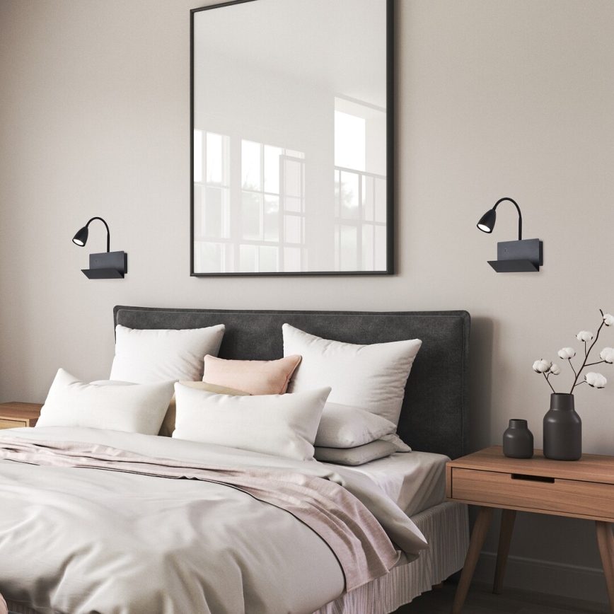 Rabalux - Sienas lampa ar plauktu un USB port 1xGU10/25W/230V melna