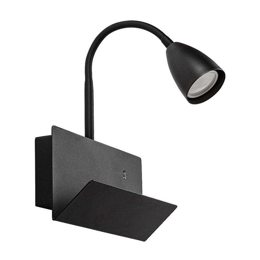 Rabalux - Sienas lampa ar plauktu un USB port 1xGU10/25W/230V melna