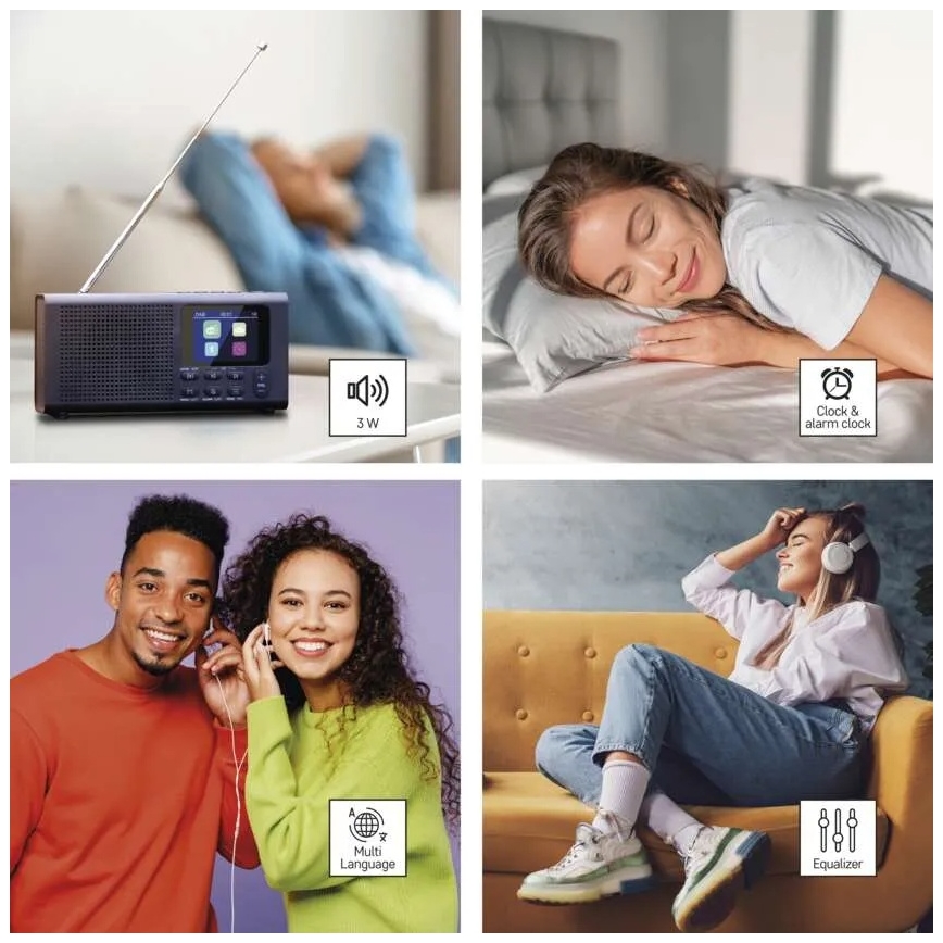 Radio DAB DAB+ FM 3W/5V/4xAA melna