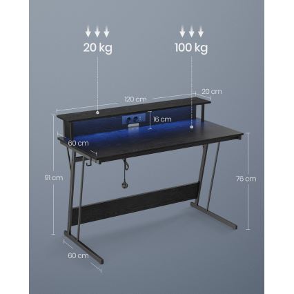 Rakstāmgalds SOLEA-X ar iebūvētu apgaismojumu, melns