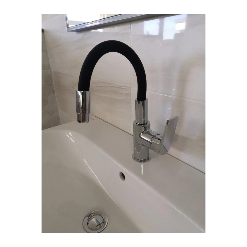 RAV Slezák CO119.0/15 - Izlietnes jaucējkrāns ar elastīgu iztecētāju COLORADO 25 cm melns/spīdīgs hroms