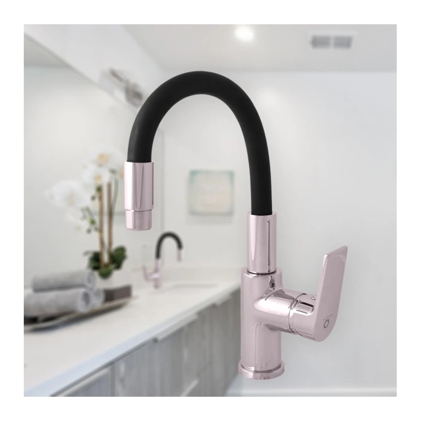 RAV Slezák CO119.0/15 - Izlietnes jaucējkrāns ar elastīgu iztecētāju COLORADO 25 cm melns/spīdīgs hroms