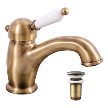 RAV Slezák L527.0SM - izlietnes jaucējkrāns + izlietnes noteka LABE RETRO 15 cm, antīkā misiņa