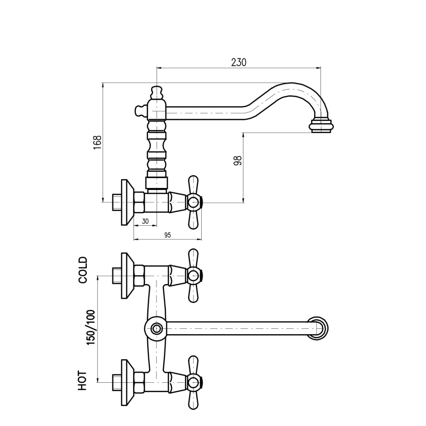 RAV Slezák MK102.5/28SM - MORAVA RETRO izlietnes/virtuves jaucējkrāns, 16,8 cm, antīka misiņa