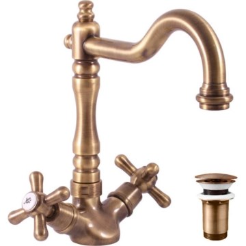 RAV Slezák MK121.0/8SM - Izlietnes/virtuves jaucējkrāns + MORAVA RETRO noteces komplekts 22,4 cm antīka misiņa