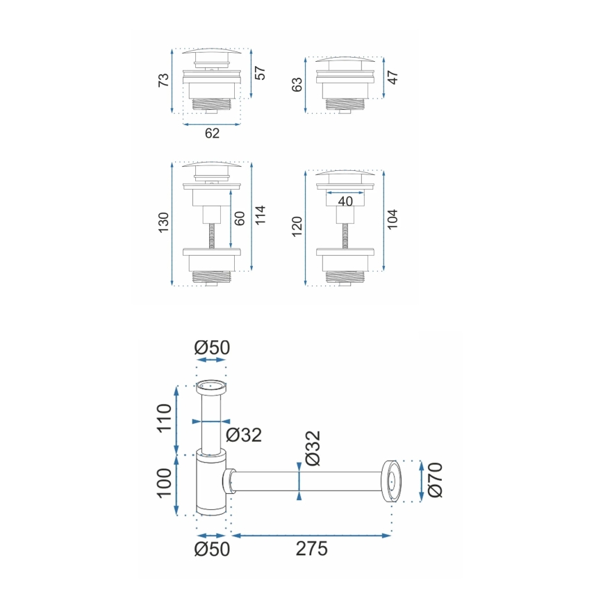 REA-A8541 - Izlietnes sifons ar CLICK-CLACK noteci pr. 6,4 cm, rožu zelts