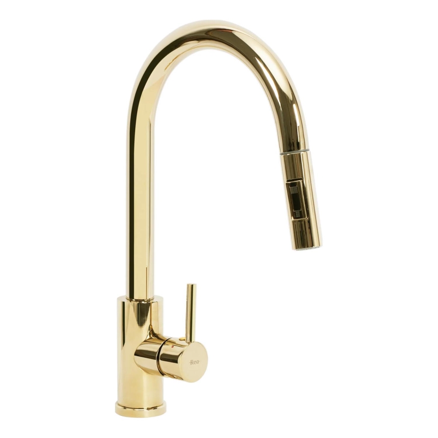 REA-B0669 - Izlietnes jaucējkrāns ar izvelkamu izsmidzinātāju FRESH 39,5 cm zelta