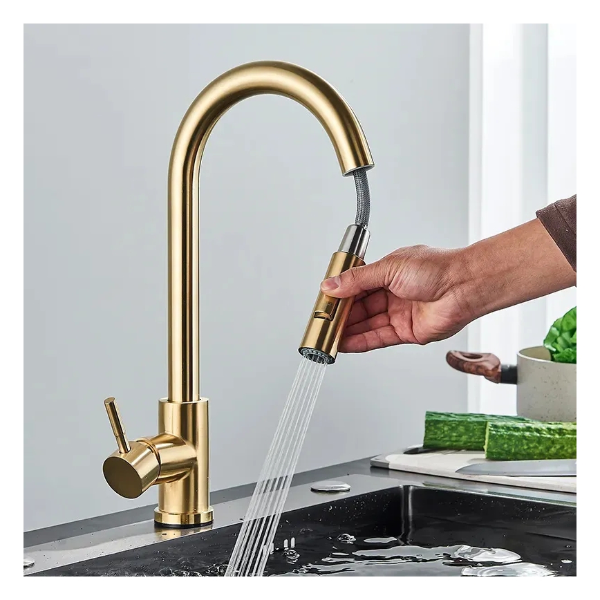 REA-B0669 - Izlietnes jaucējkrāns ar izvelkamu izsmidzinātāju FRESH 39,5 cm zelta