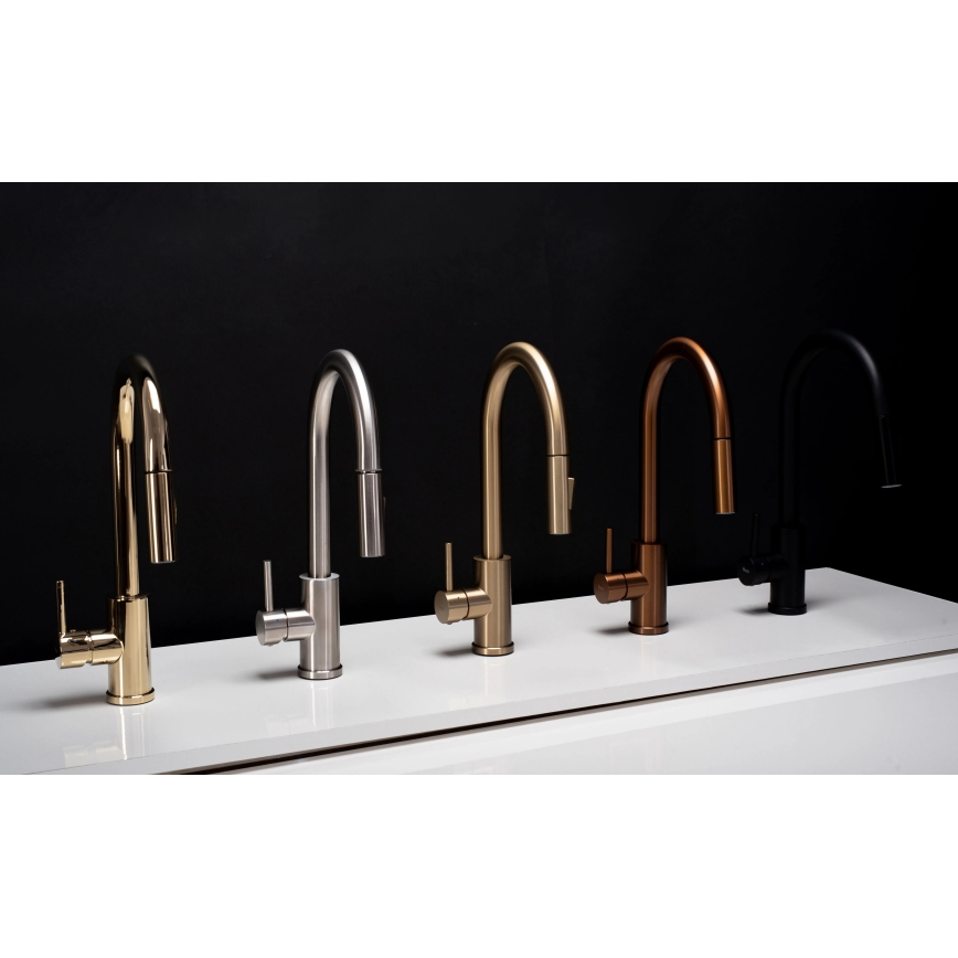 REA-B0669 - Izlietnes jaucējkrāns ar izvelkamu izsmidzinātāju FRESH 39,5 cm zelta