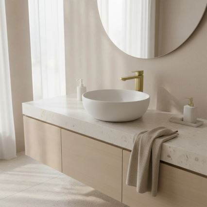 REA-B0977 - Izlietnes jaucējkrāns ARLO 30 cm sukāta zelta apdare