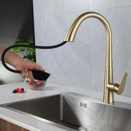 REA-B5312 - Izlietnes jaucējkrāns ROSS ar izvelkamu dušu, 43 cm, matēta zelta