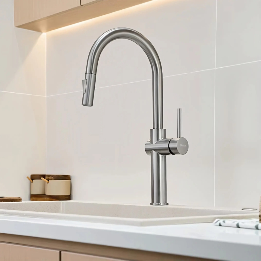 REA-B6330 - Virtuves jaucējkrāns ar izvelkamu izsmidzinātāju FRESH, 45 cm, nikela apdare