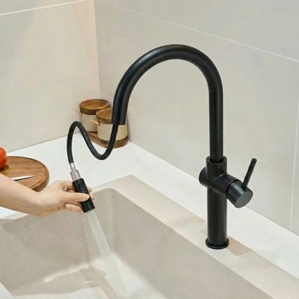 REA-B7200 - Izlietnes jaucējkrāns FRESH ar izvelkamu izsmidzinātāju, 45 cm, melns