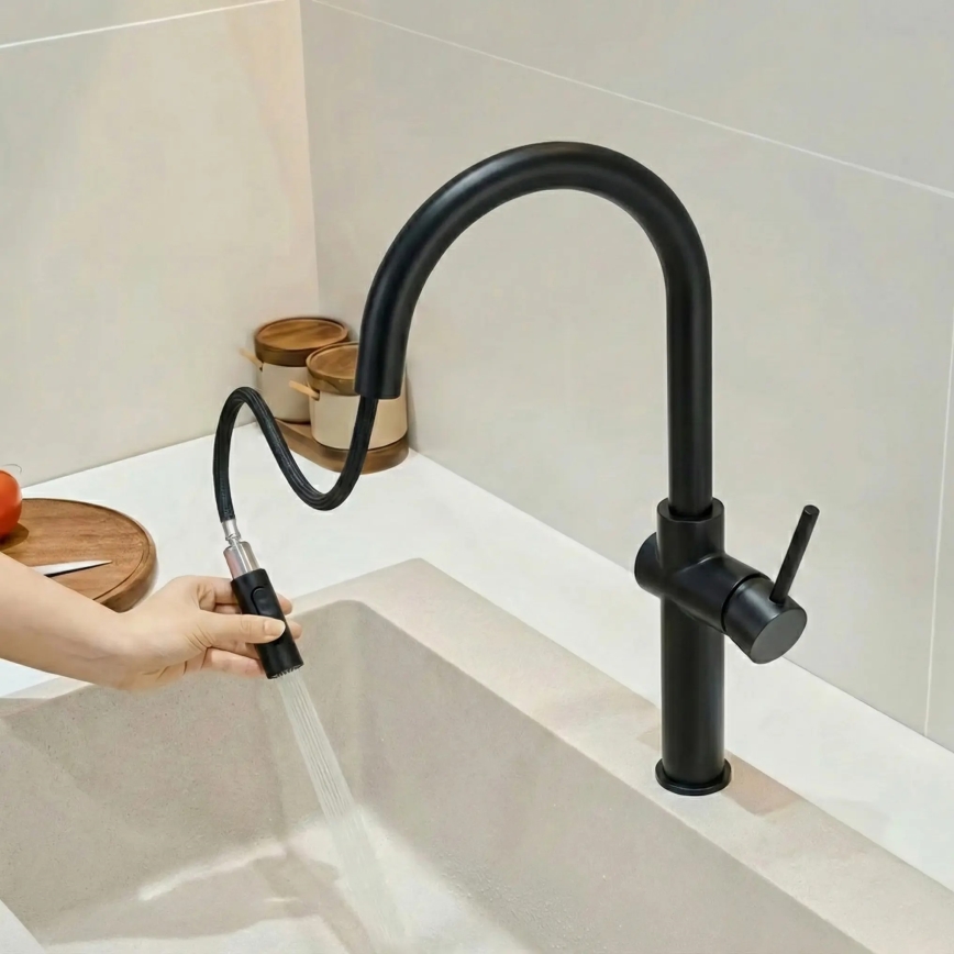 REA-B7200 - Izlietnes jaucējkrāns FRESH ar izvelkamu izsmidzinātāju, 45 cm, melns