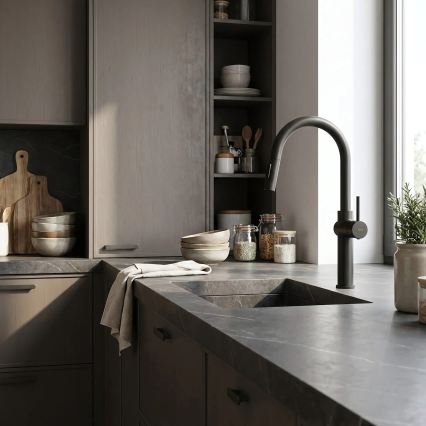 REA-B7200 - Izlietnes jaucējkrāns FRESH ar izvelkamu izsmidzinātāju, 45 cm, melns