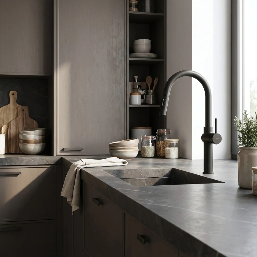 REA-B7200 - Izlietnes jaucējkrāns FRESH ar izvelkamu izsmidzinātāju, 45 cm, melns