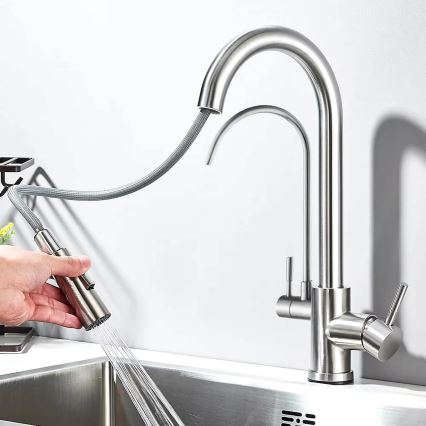 REA-B7563 - Izlietnes jaucējkrāns ar izvelkamu izsmidzinātāju un iebūvētu filtru ECO FRESH, 37,5 cm, niķelis
