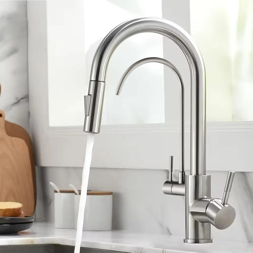 REA-B7563 - Izlietnes jaucējkrāns ar izvelkamu izsmidzinātāju un iebūvētu filtru ECO FRESH, 37,5 cm, niķelis