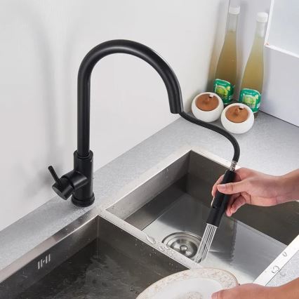 REA-B9147 - Izlietnes jaucējkrāns ar izvelkamu izsmidzinātāju FRESH, 39,5 cm, matēts melns