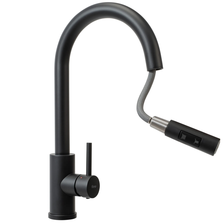 REA-B9147 - Izlietnes jaucējkrāns ar izvelkamu izsmidzinātāju FRESH, 39,5 cm, matēts melns