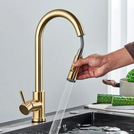 REA-B9148 - FRESH izlietnes jaucējkrāns ar izvelkamu izsmidzinātāju, 39,5 cm, matēta zelta apdare